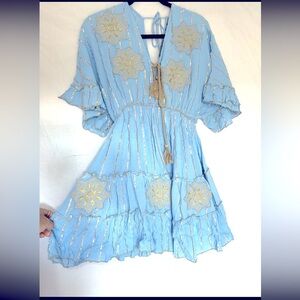 Light Blue Dress with Gold Floral Accents